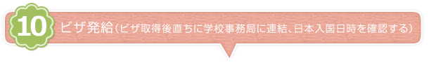 ビザ発給（ビザ取得後直ちに学校事務局に連結、日本入国日時を確認する）